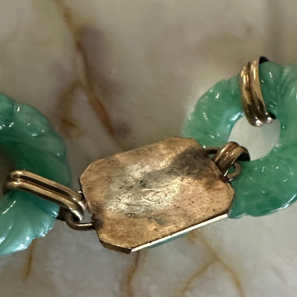 Carved Green Stone Link Bracelet with Gold Accents - Picture 8 of 9